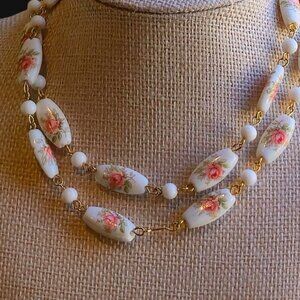 Vintage Porcelain Rose Bead Necklace Hand Painted Floral Mid-Century Jewelry